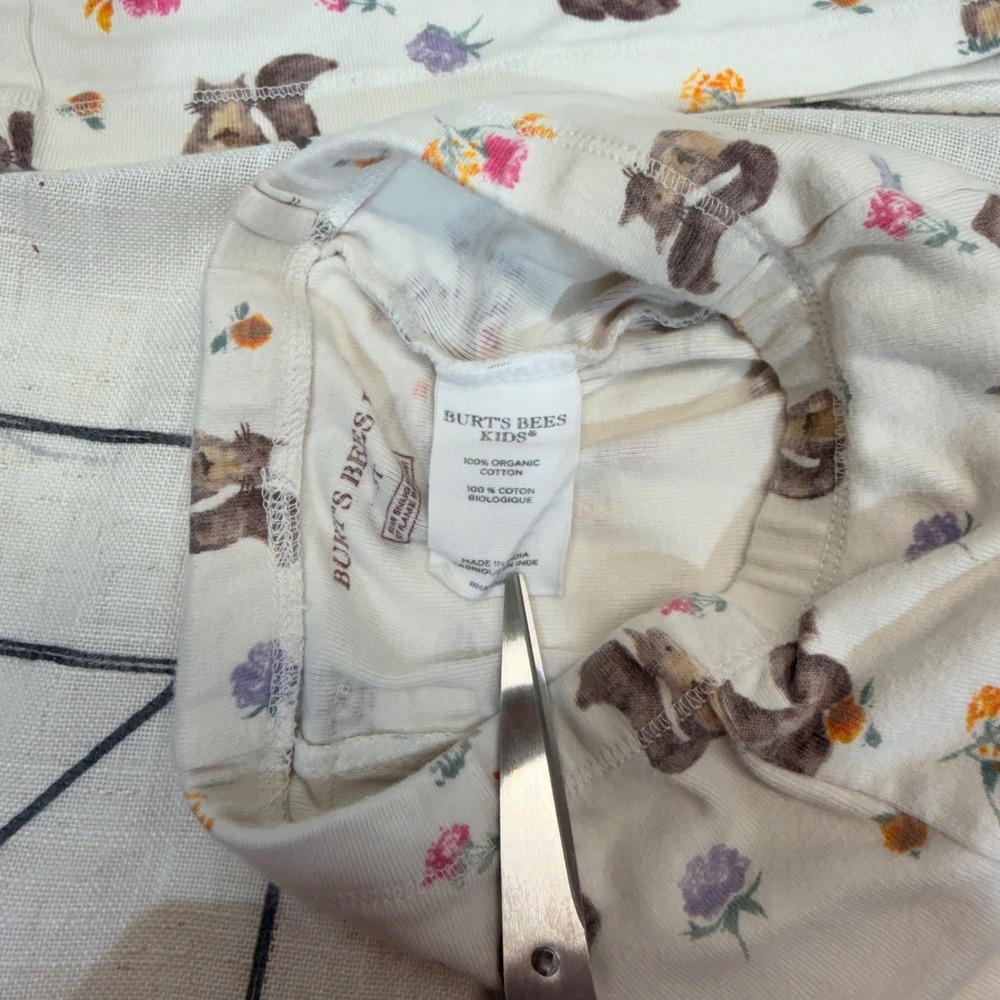 Burts Bees‎ Baby Pajamas 3T Organic Cotton Squirrel Floral Sleepwear Set Cream - Picture 9 of 10